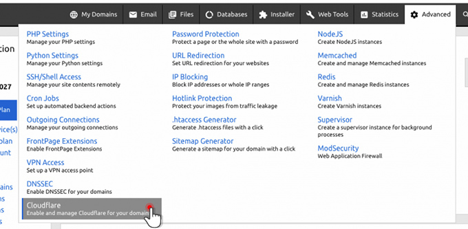 Cloudflare Menu in Control Panel