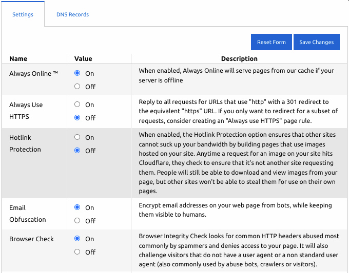 Cloudflare Settings in Control Panel