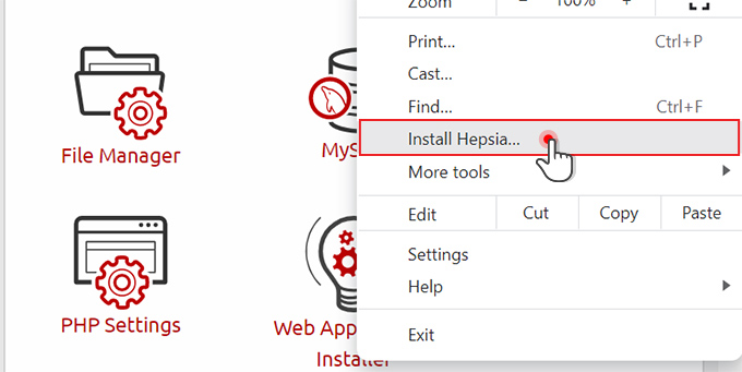 Install Hepsia PWA App Chrome Extension Select