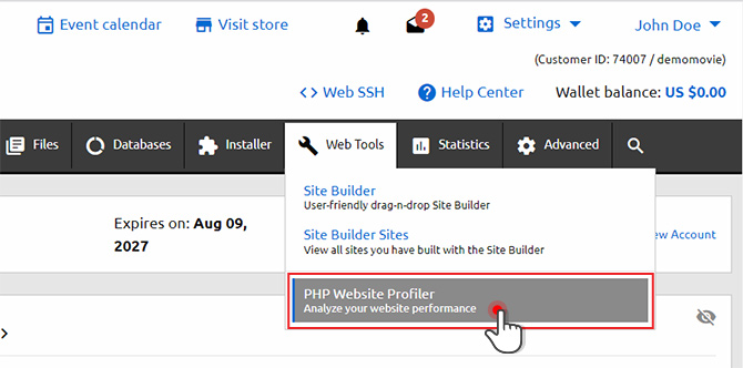 PHP Website Profiler drop down menu