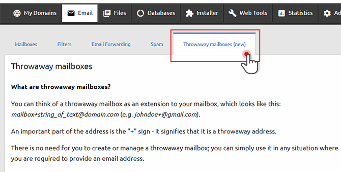Throwaway emails in control panel screenshot